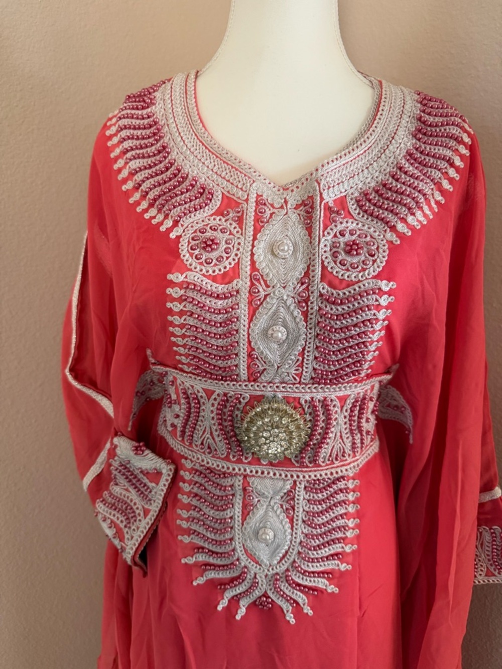 Luxury Moroccan Farasha Kaftan 2-Piece Set – Coral Red Embroidered Dress - Picture 10 of 14